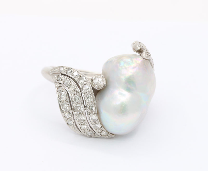 Vintage Baroque Pearl and 1 Carat Diamond Platinum Dinner Ring