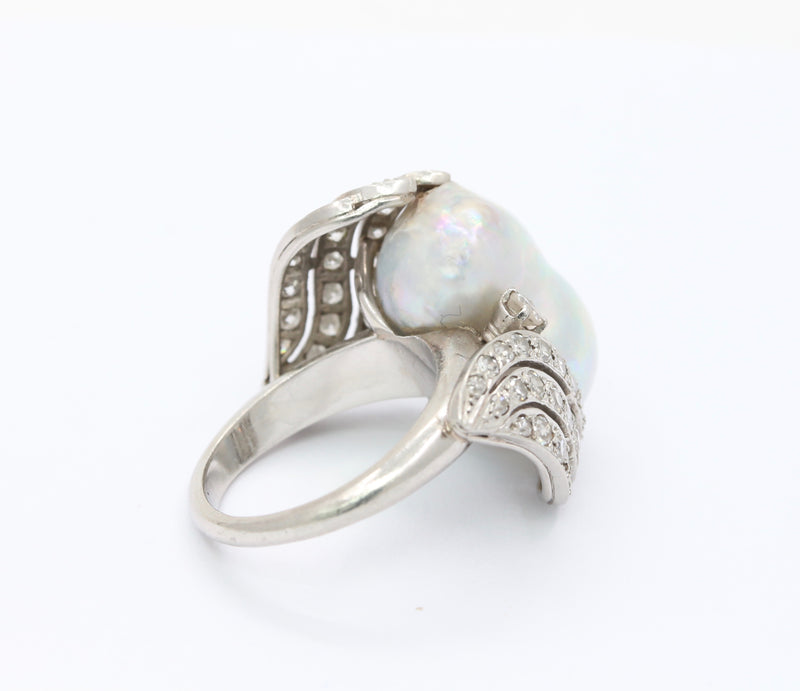 Vintage Baroque Pearl and 1 Carat Diamond Platinum Dinner Ring
