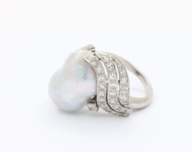 Vintage Baroque Pearl and 1 Carat Diamond Platinum Dinner Ring