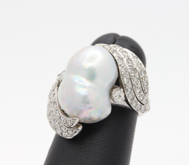 Vintage Baroque Pearl and 1 Carat Diamond Platinum Dinner Ring