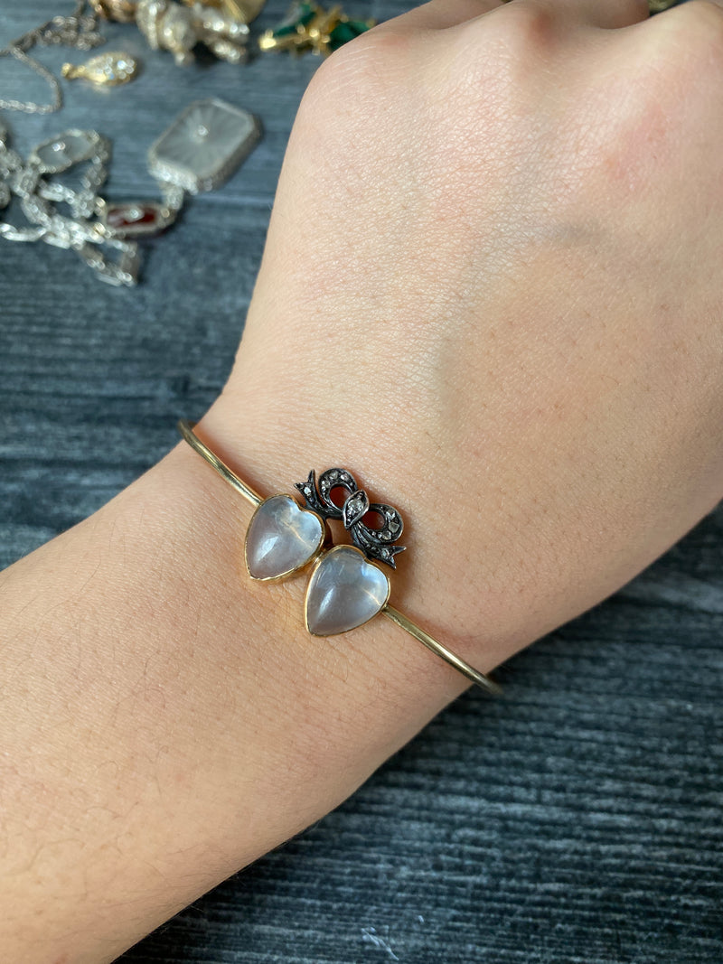 Antique Moonstone and Diamond Double Heart and Bow Bangle Bracelet