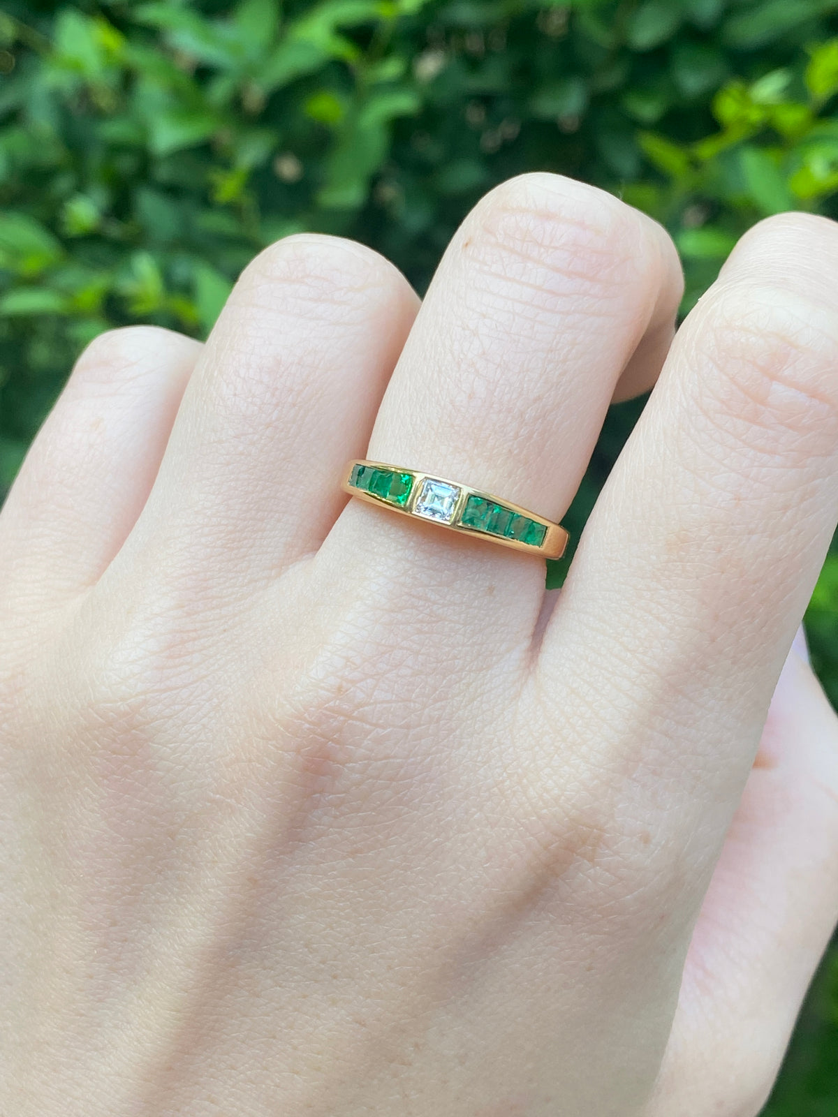 Carre Cut Diamond and Emerald 18K Gold Band, Stacking Ring