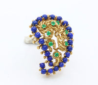 Vintage 18K Gold Lapis Lazuli and Emerald Paisley Brooch Clip