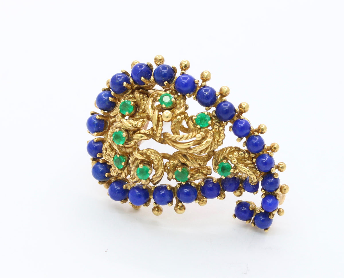 Vintage 18K Gold Lapis Lazuli and Emerald Paisley Brooch Clip