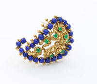 Vintage 18K Gold Lapis Lazuli and Emerald Paisley Brooch Clip
