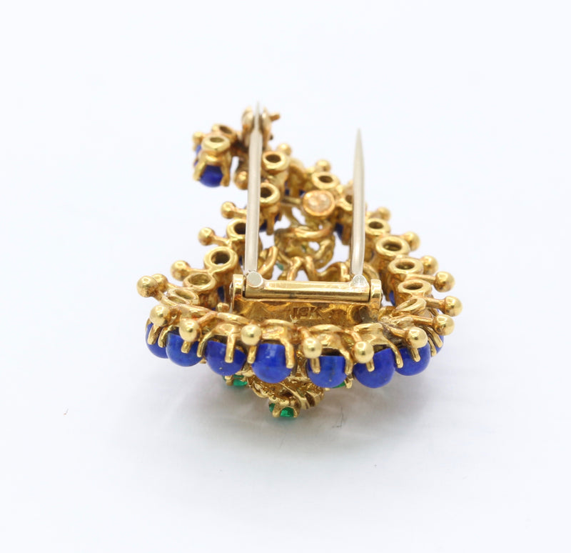 Vintage 18K Gold Lapis Lazuli and Emerald Paisley Brooch Clip