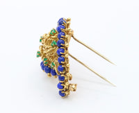 Vintage 18K Gold Lapis Lazuli and Emerald Paisley Brooch Clip