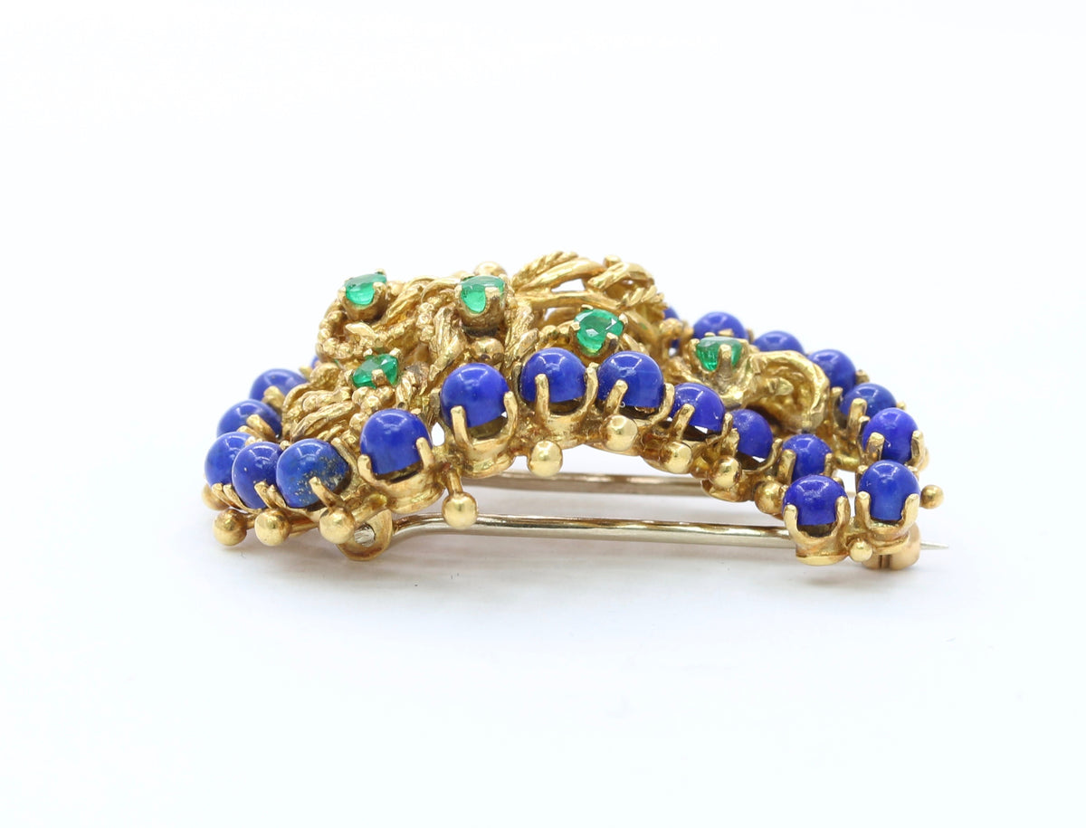 Vintage 18K Gold Lapis Lazuli and Emerald Paisley Brooch Clip