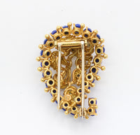 Vintage 18K Gold Lapis Lazuli and Emerald Paisley Brooch Clip