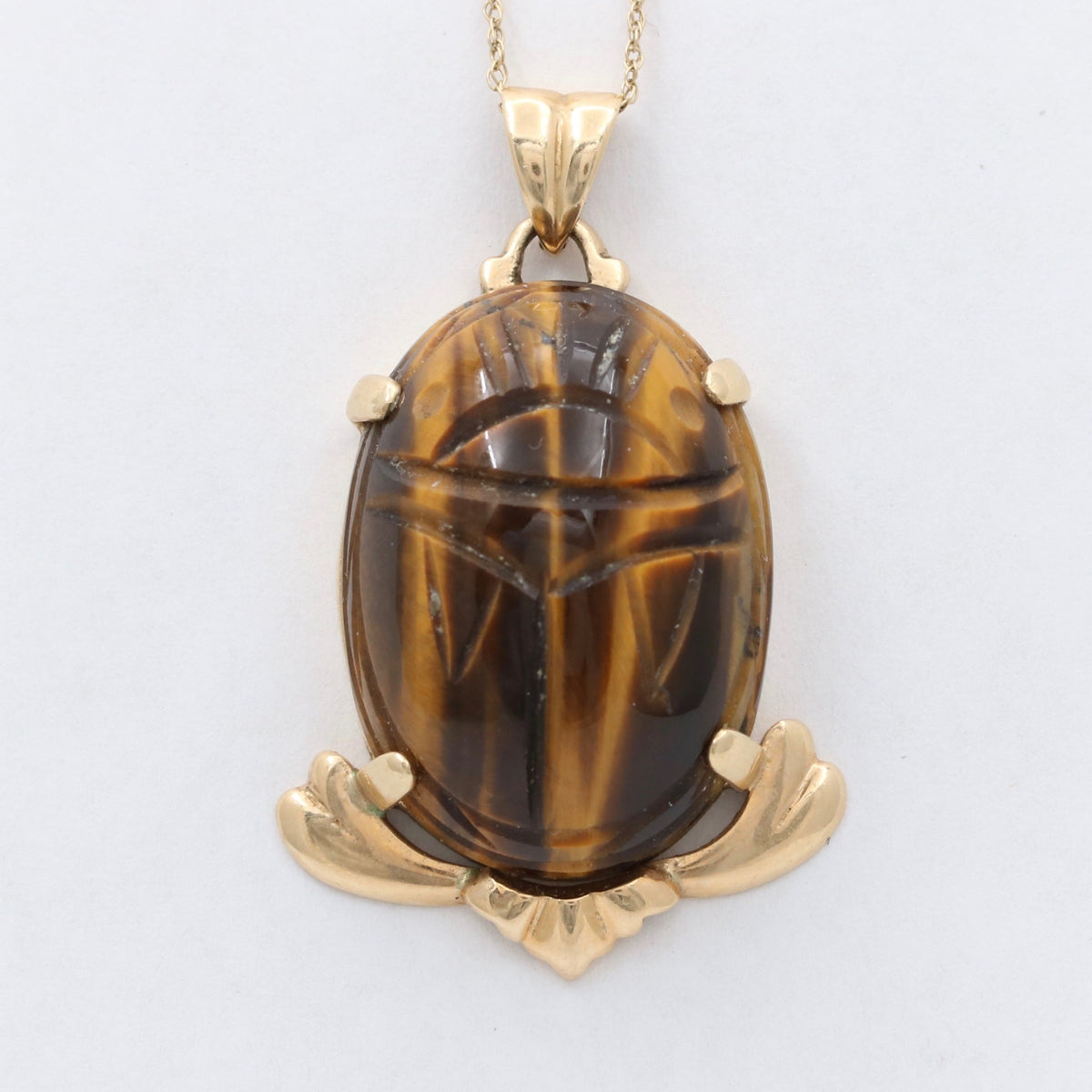 Large Vintage 14K Gold and Carved Tiger Eye Winged Scarab Pendant, Charm