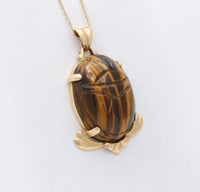 Large Vintage 14K Gold and Carved Tiger Eye Winged Scarab Pendant, Charm