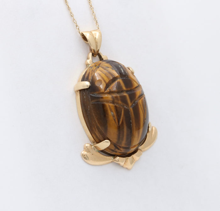 Large Vintage 14K Gold and Carved Tiger Eye Winged Scarab Pendant, Charm