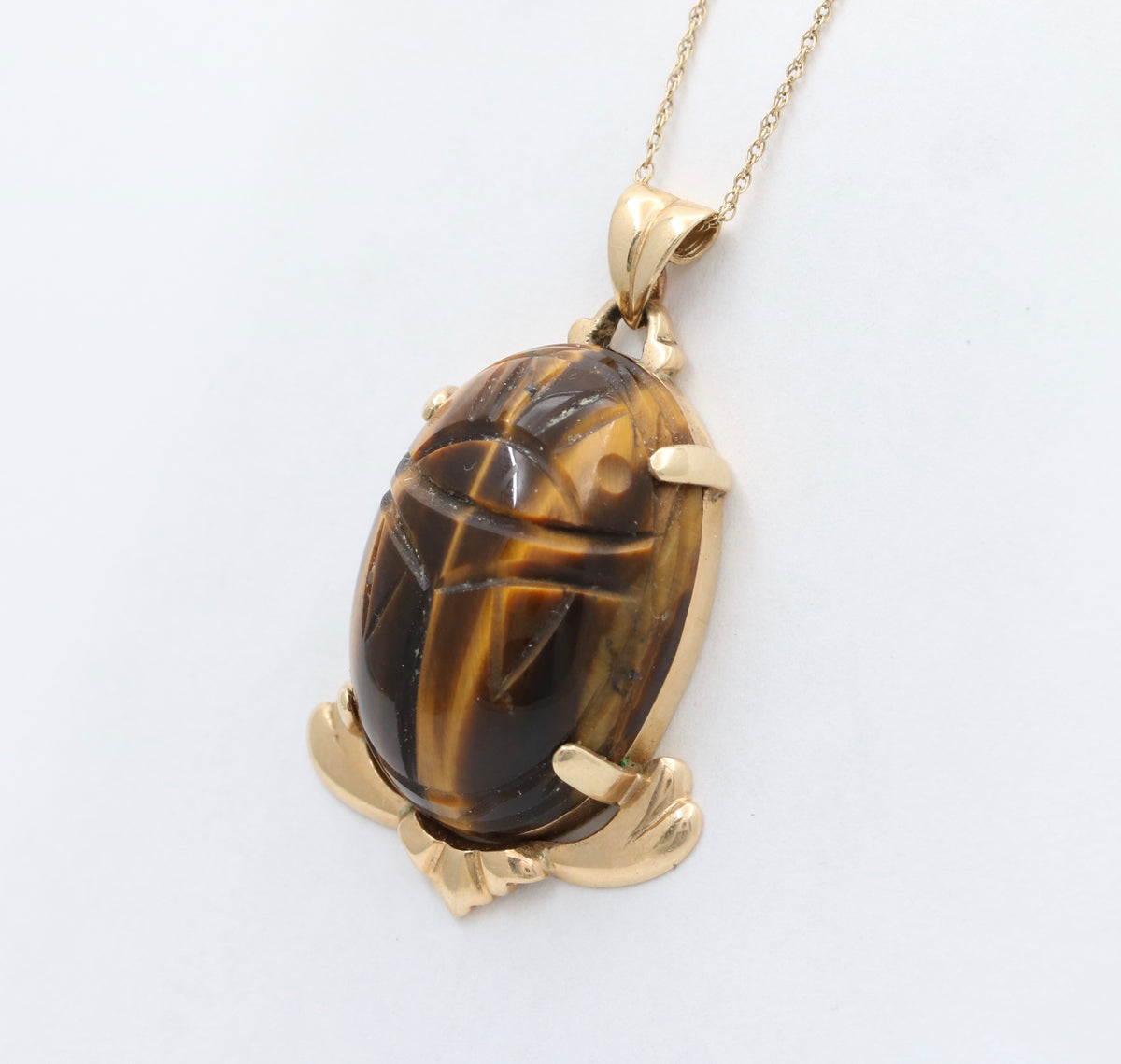 Large Vintage 14K Gold and Carved Tiger Eye Winged Scarab Pendant, Charm