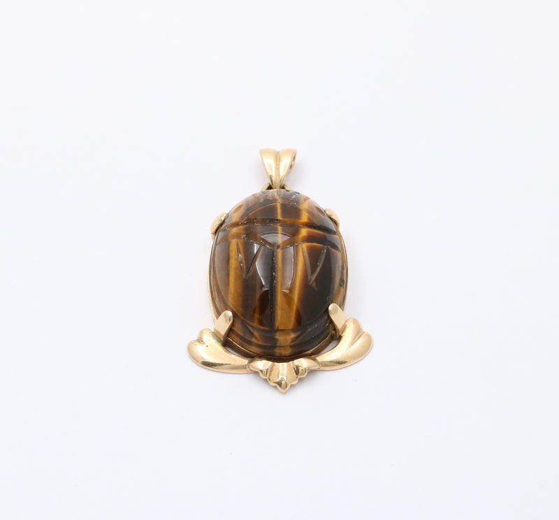 Large Vintage 14K Gold and Carved Tiger Eye Winged Scarab Pendant, Charm