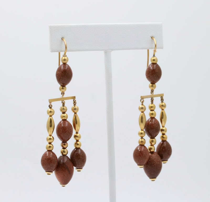 Large Vintage 18K Gold and Goldstone Dangling Chandelier Earrings