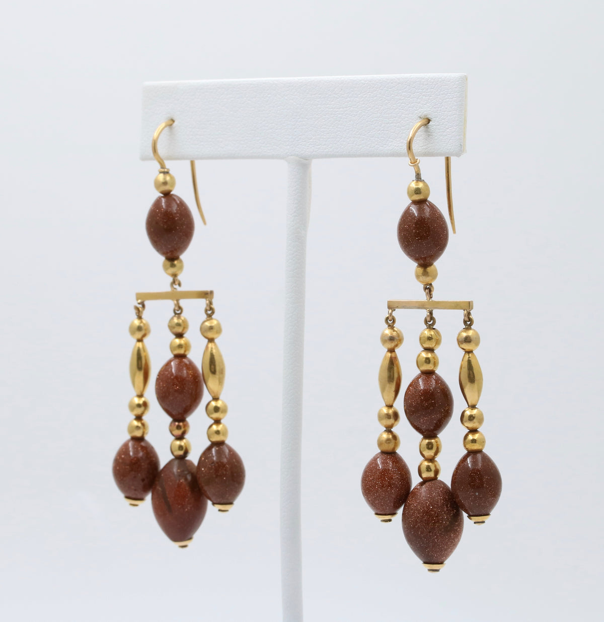 Large Vintage 18K Gold and Goldstone Dangling Chandelier Earrings