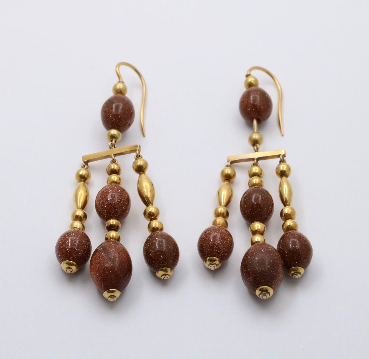 Large Vintage 18K Gold and Goldstone Dangling Chandelier Earrings