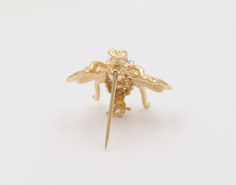 Vintage 14K Gold and Diamond Bee Fly Pin, Insect Brooch