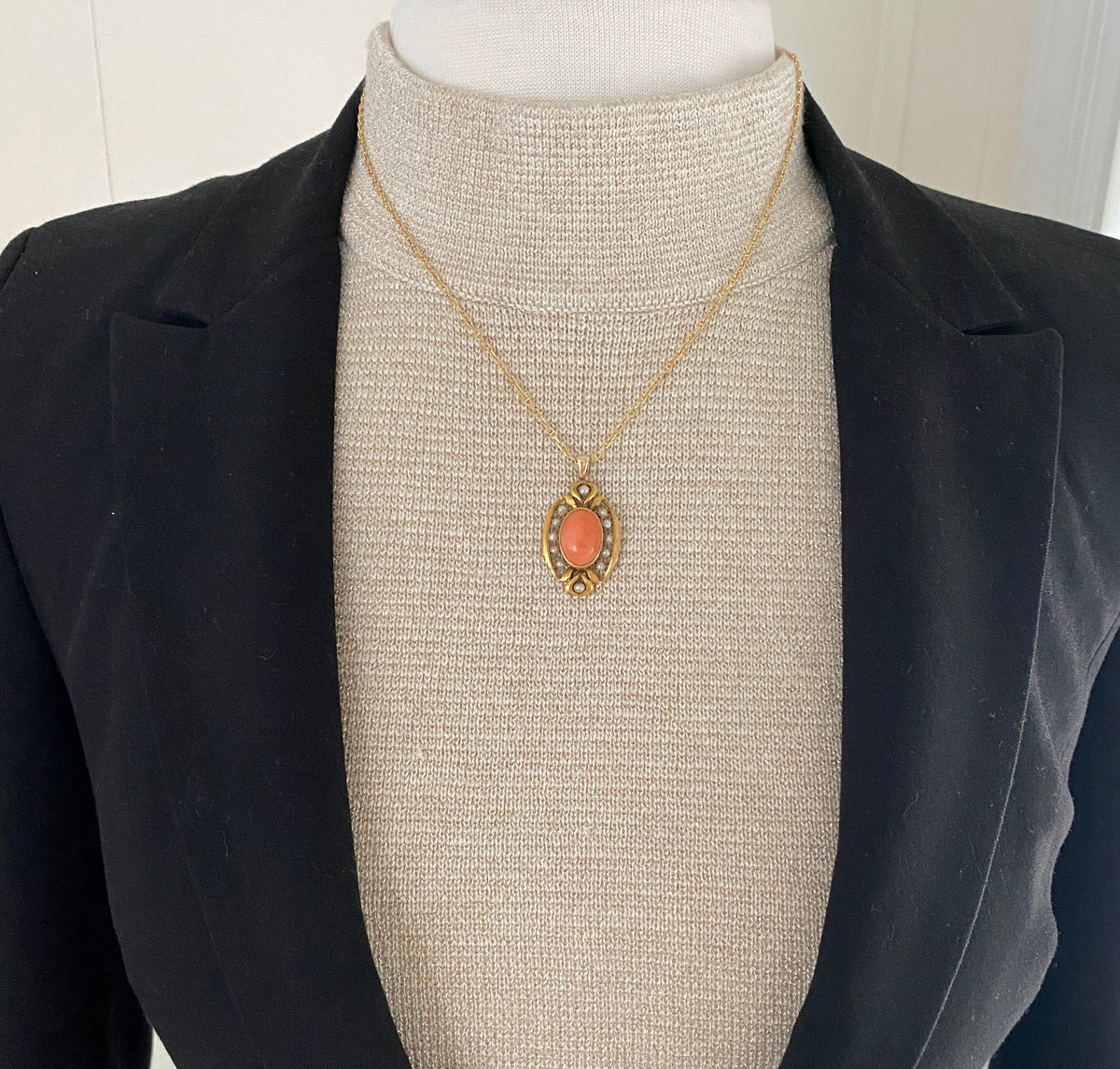 Art Nouveau 14K Gold Angel Skin Coral and Pearl Pendant, Antique Charm Conversion