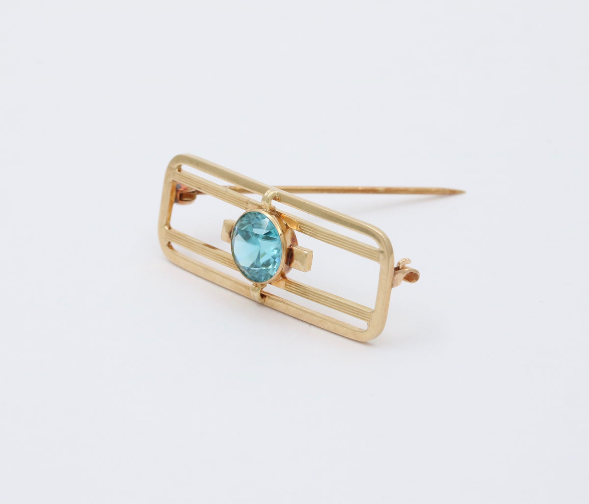Art Deco Krementz 14K Gold and Blue Zircon Geometric Pin