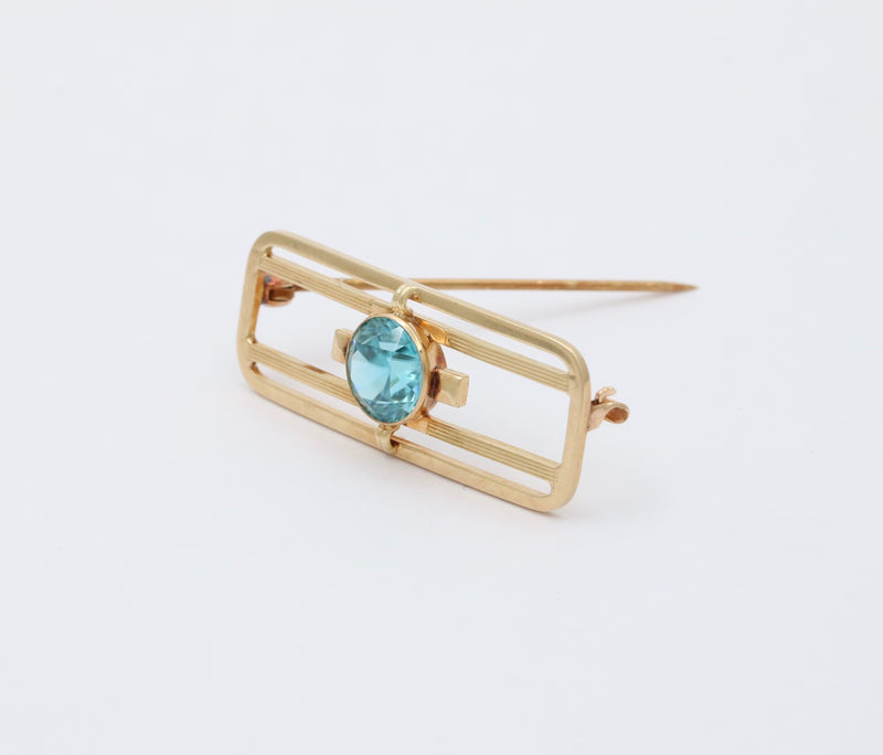 Art Deco Krementz 14K Gold and Blue Zircon Geometric Pin