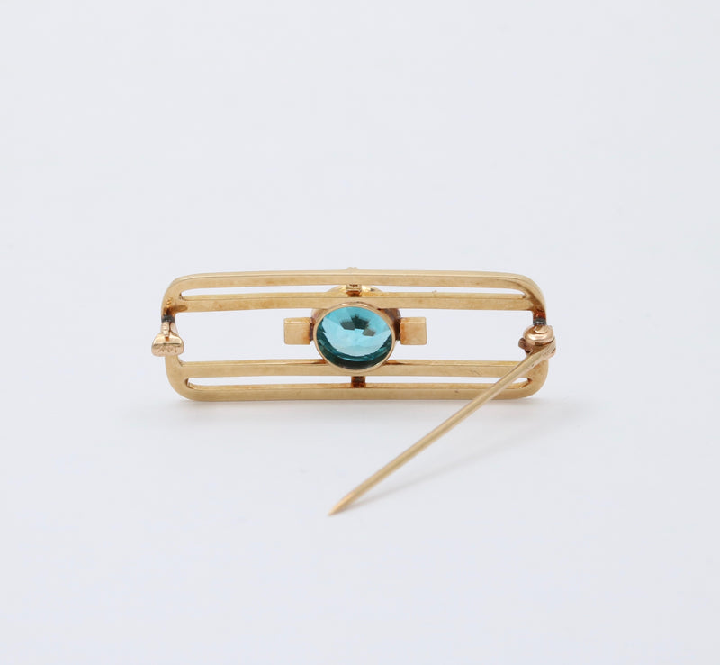 Art Deco Krementz 14K Gold and Blue Zircon Geometric Pin