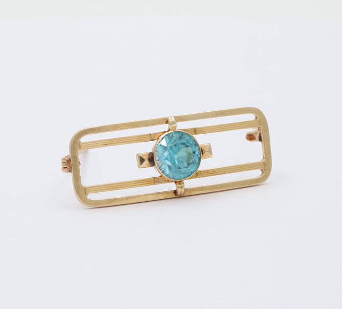 Art Deco Krementz 14K Gold and Blue Zircon Geometric Pin