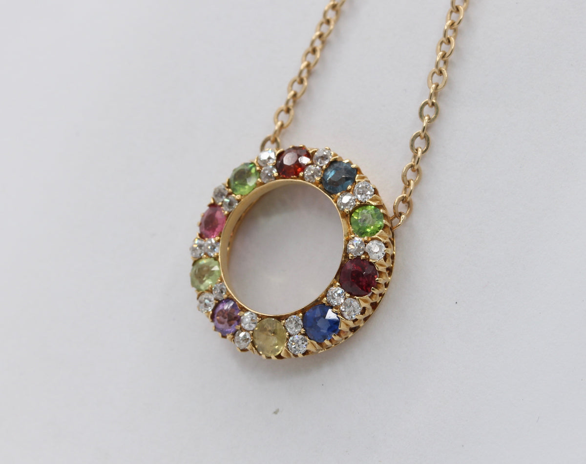 Victorian Harlequin 18K Gold Diamond and Gemstone Circle Pendant Necklace - alpha-omega-jewelry