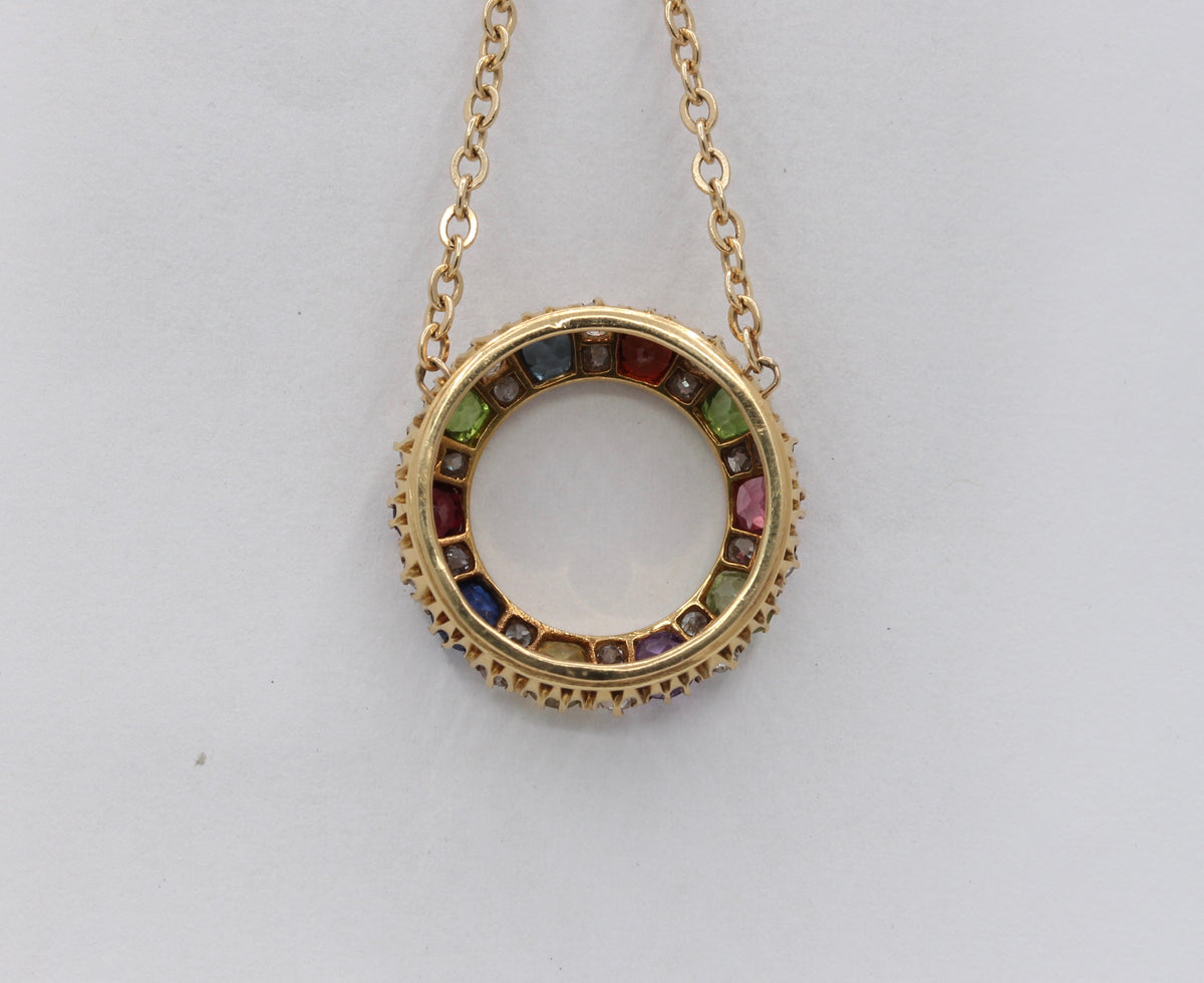 Victorian Harlequin 18K Gold Diamond and Gemstone Circle Pendant Necklace - alpha-omega-jewelry