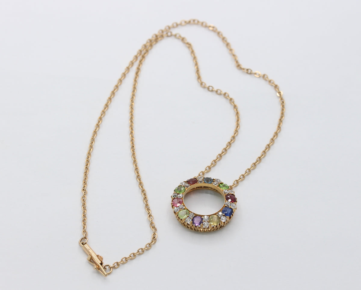 Victorian Harlequin 18K Gold Diamond and Gemstone Circle Pendant Necklace - alpha-omega-jewelry