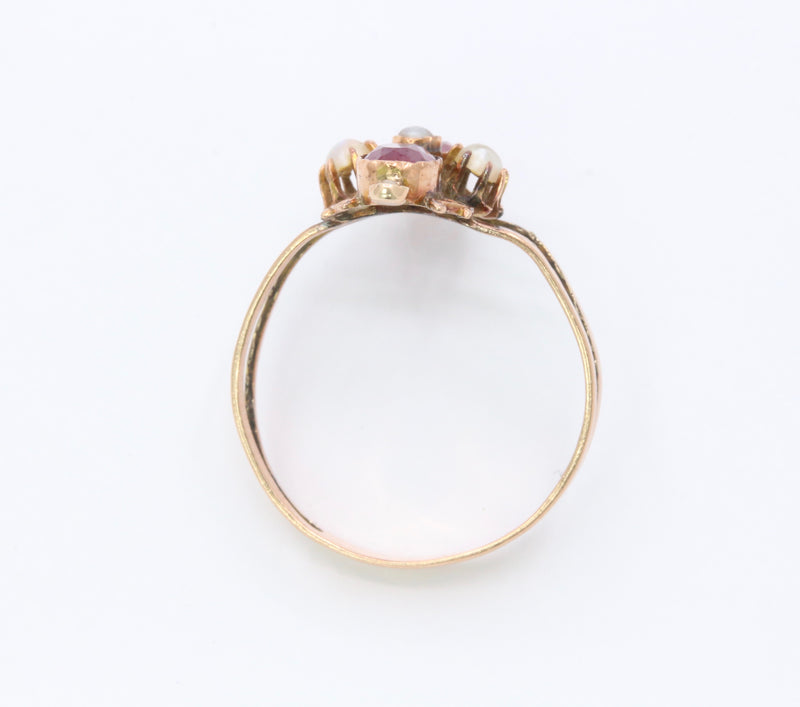 Victorian 14K Gold Rhodolite Garnet and Split Pearl Ring