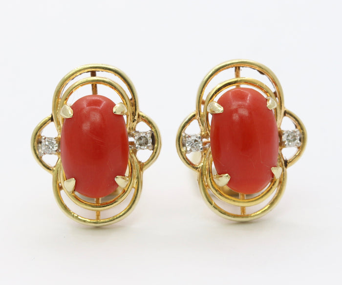 Vintage Coral and Diamond 14K Gold Clip Earrings