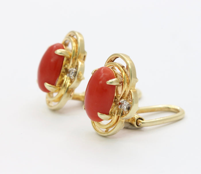 Vintage Coral and Diamond 14K Gold Clip Earrings
