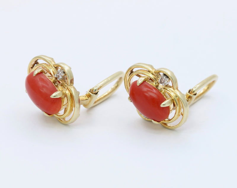Vintage Coral and Diamond 14K Gold Clip Earrings