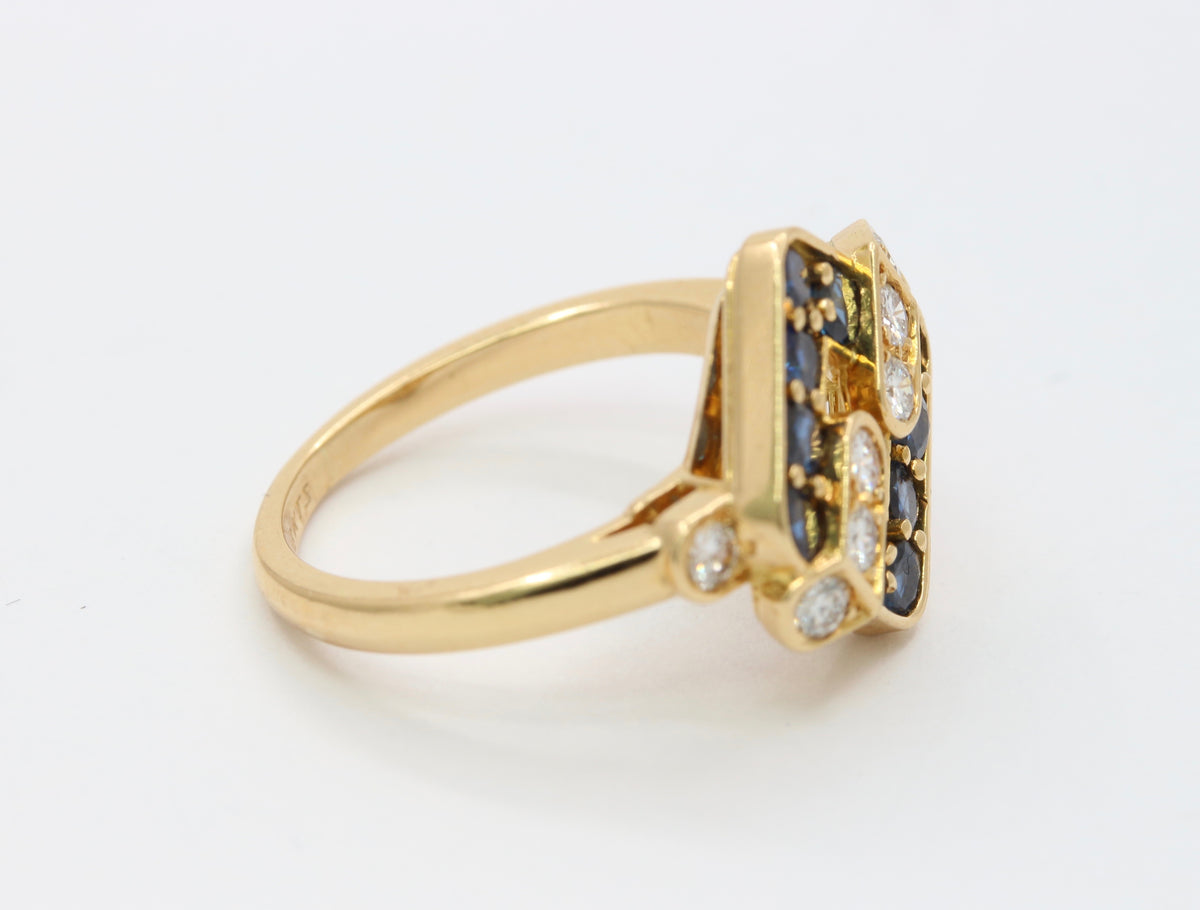 Vintage Mauboussin Sapphire and Diamond Geometric 18K Gold Ring