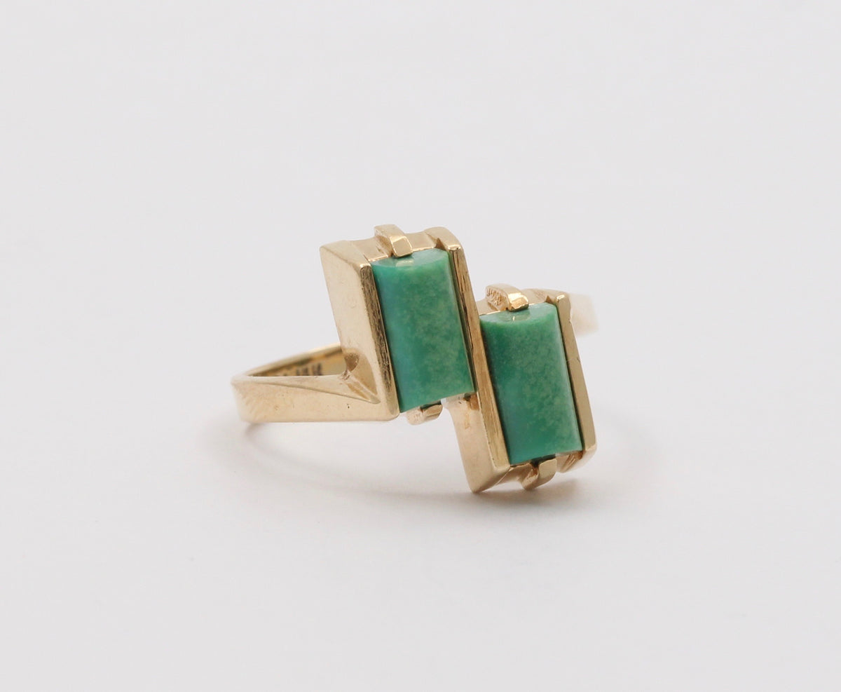 Vintage 14K Gold and Turquoise Geometric Bypass Ring