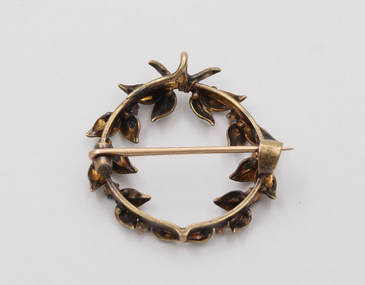 Art Nouveau Enamel, Diamond, and Sapphire Wreath Pin, Antique Fob