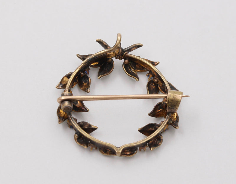 Art Nouveau Enamel, Diamond, and Sapphire Wreath Pin, Antique Fob