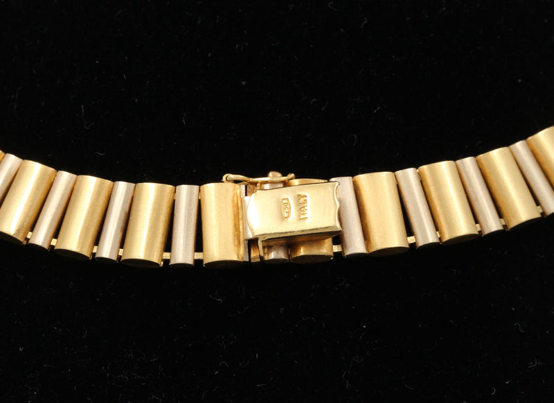 Vintage 18K Bicolor Gold Barrel Link Collar, 63.4 Gram Italian Necklace