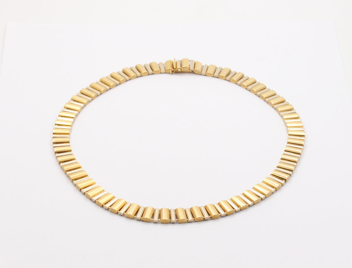 Vintage 18K Bicolor Gold Barrel Link Collar, 63.4 Gram Italian Necklace