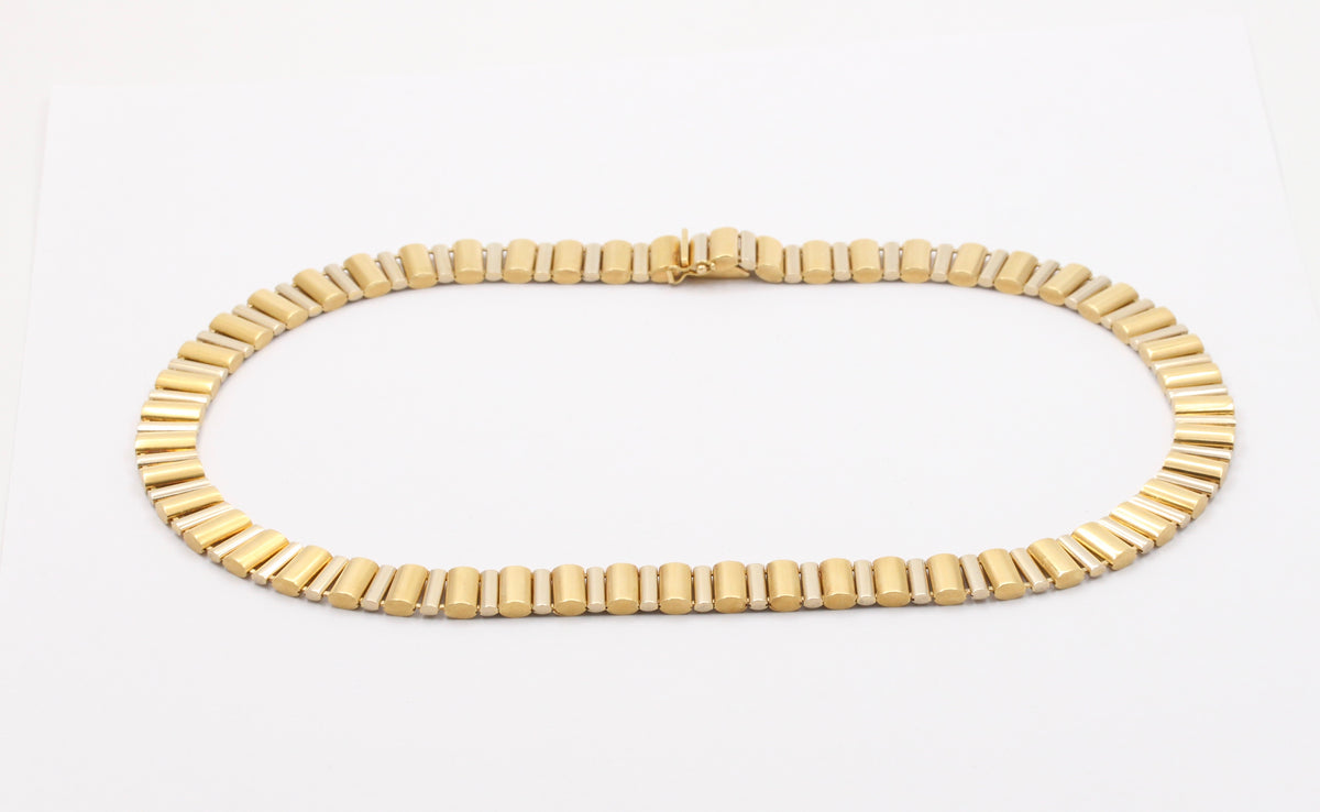 Vintage 18K Bicolor Gold Barrel Link Collar, 63.4 Gram Italian Necklace