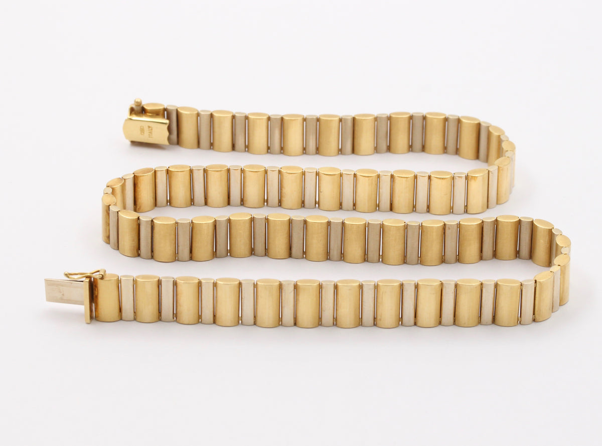 Vintage 18K Bicolor Gold Barrel Link Collar, 63.4 Gram Italian Necklace
