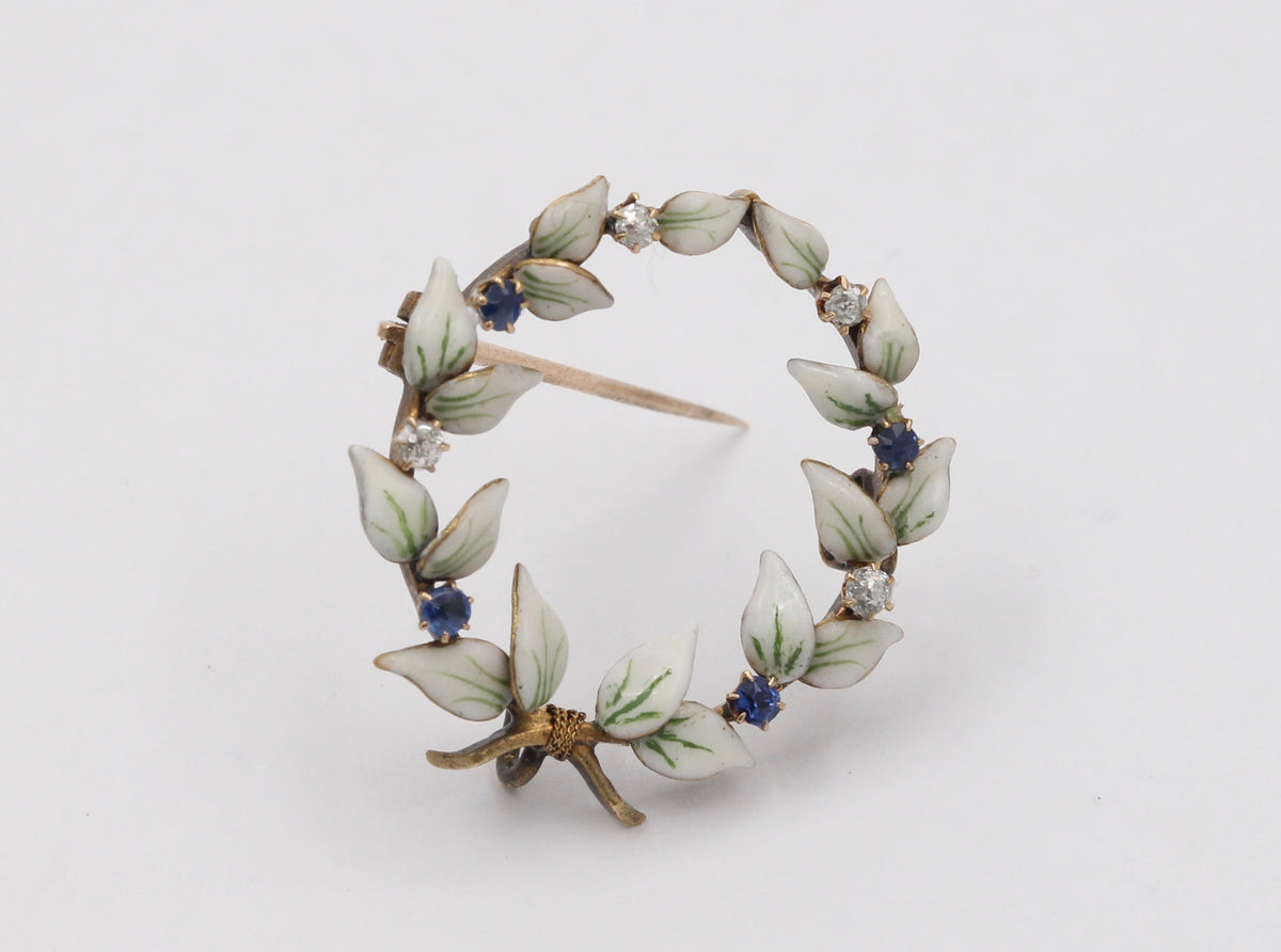 Art Nouveau Enamel, Diamond, and Sapphire Wreath Pin, Antique Fob