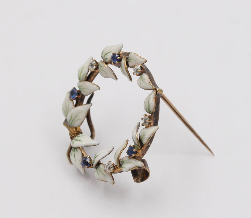 Art Nouveau Enamel, Diamond, and Sapphire Wreath Pin, Antique Fob