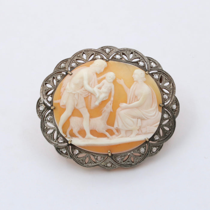 Antique 18K Gold, Silver, and Diamond Cameo Brooch, Pin