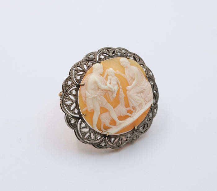 Antique 18K Gold, Silver, and Diamond Cameo Brooch, Pin