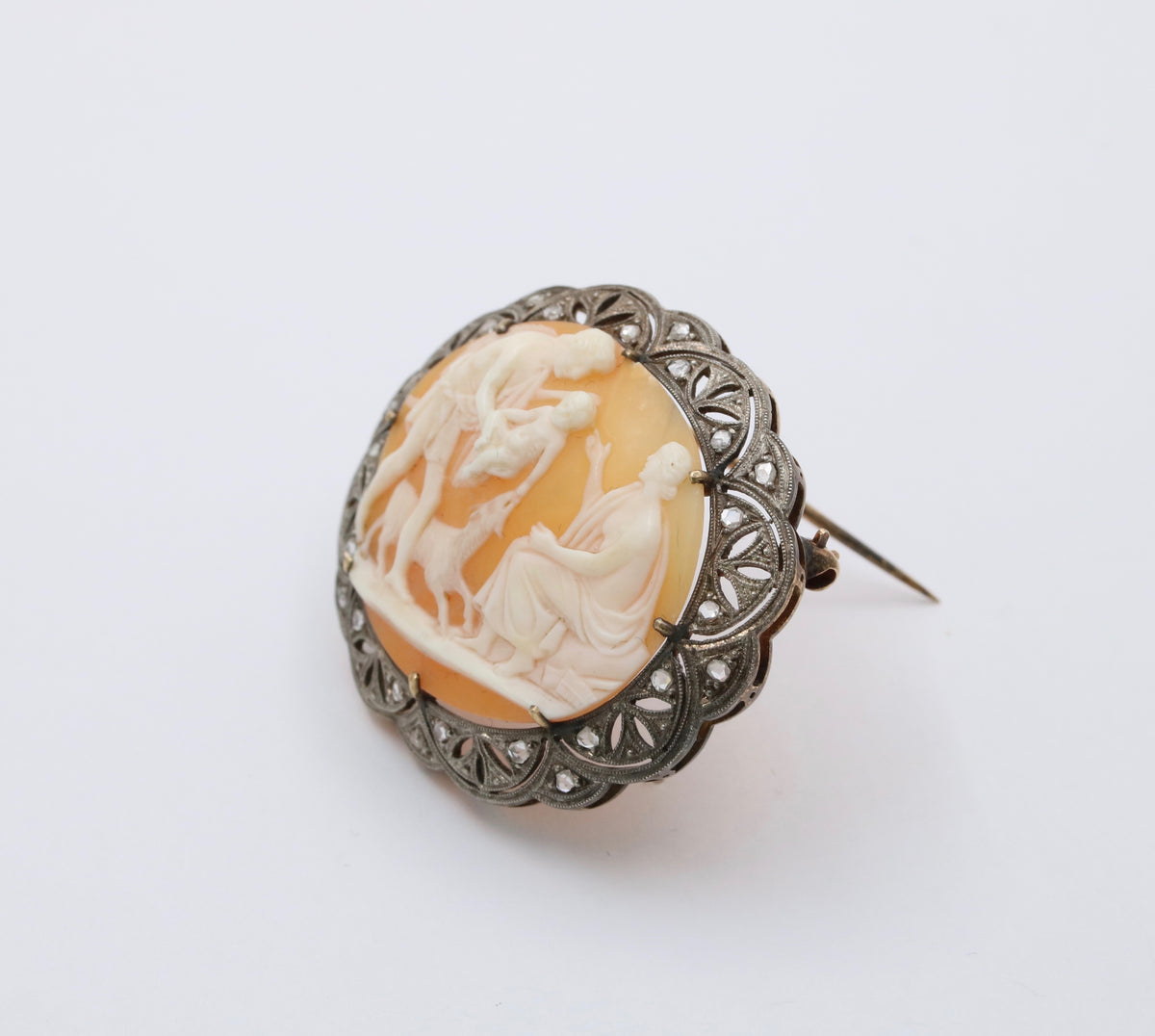 Antique 18K Gold, Silver, and Diamond Cameo Brooch, Pin