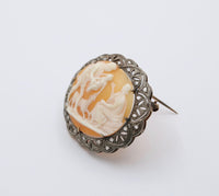 Antique 18K Gold, Silver, and Diamond Cameo Brooch, Pin