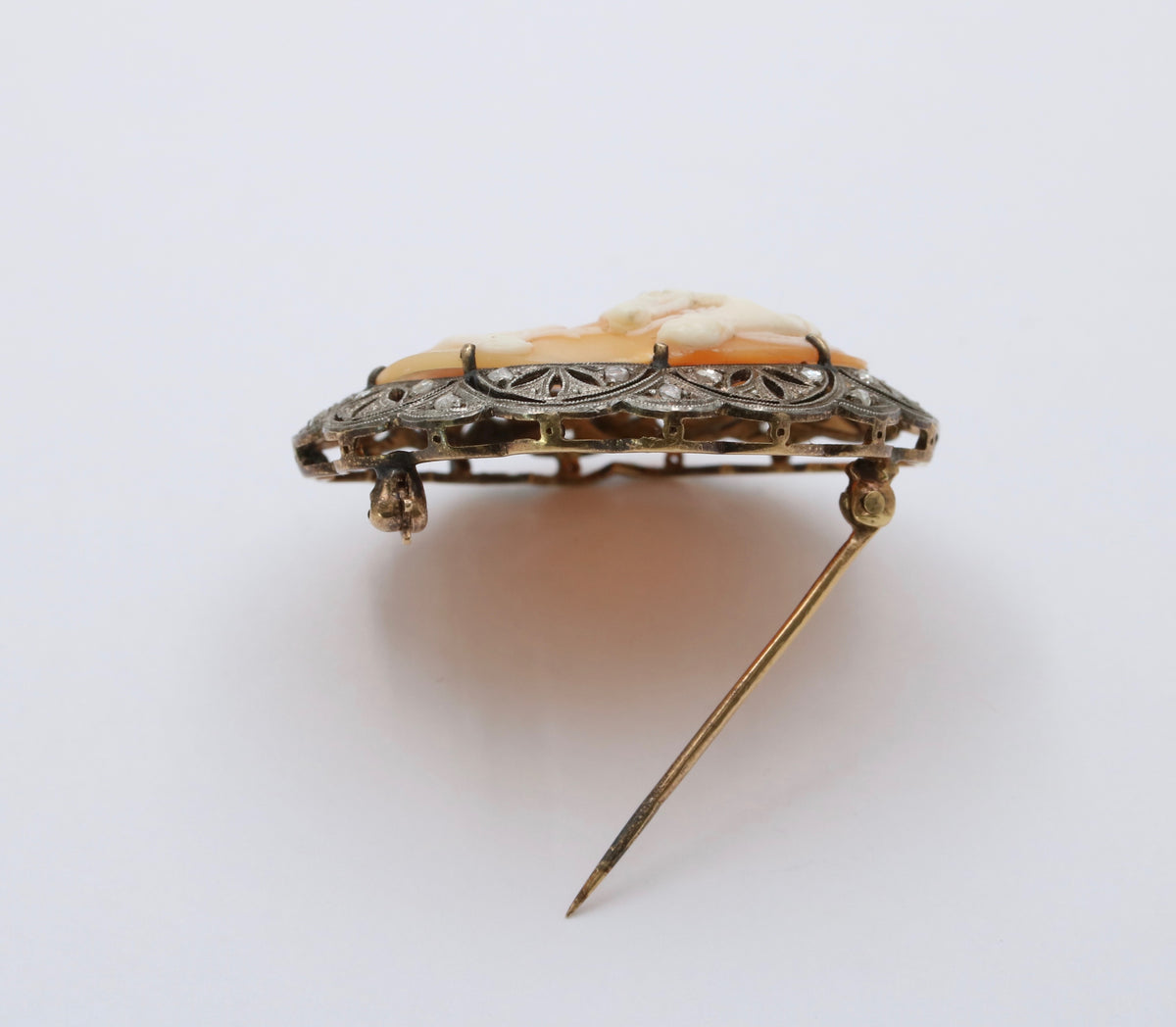 Antique 18K Gold, Silver, and Diamond Cameo Brooch, Pin