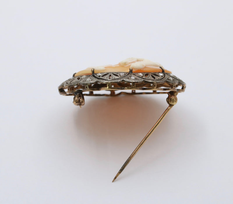 Antique 18K Gold, Silver, and Diamond Cameo Brooch, Pin